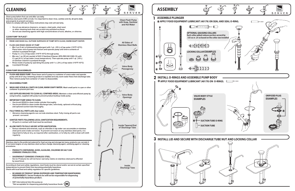 Assembly cleaning, Assemble plunger, Install o-rings and assemble pump body | Examples | Server EZT (85899) pump v.2 User Manual | Page 2 / 2