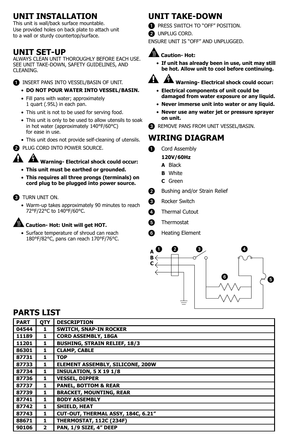 Unit take-down, Parts list, Wiring diagram | Unit installation, Unit set-up | Server CW (87730) User Manual | Page 2 / 4