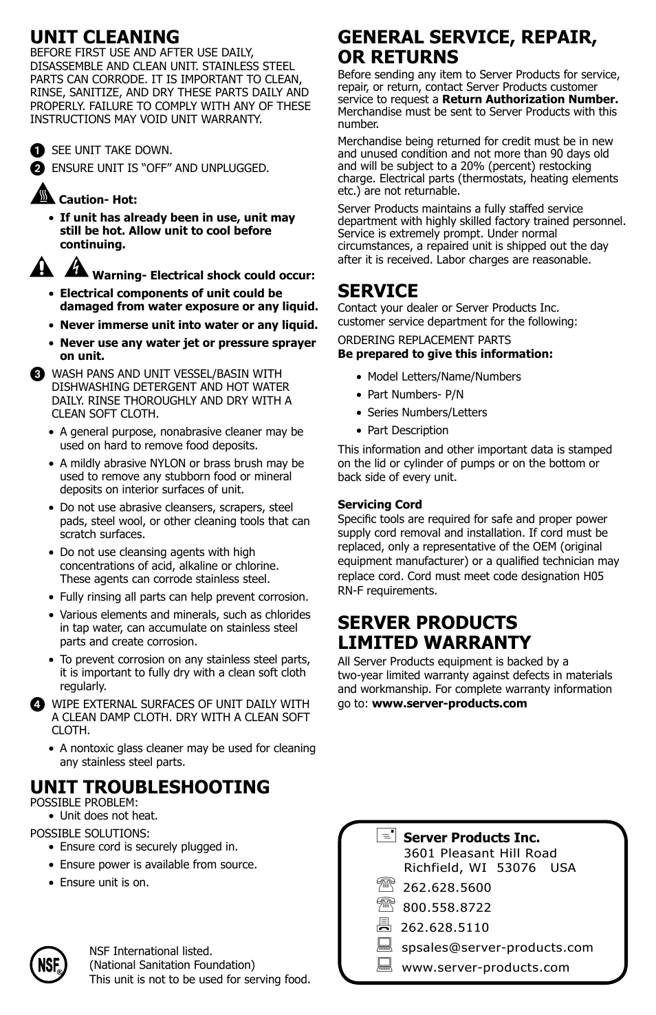 General service, repair, or returns, Service, Server products limited warranty | Unit cleaning, Unit troubleshooting | Server CW (87730) User Manual | Page 4 / 4