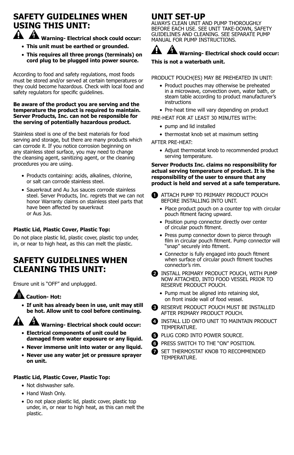 Unit set-up, Safety guidelines when using this unit, Safety guidelines when cleaning this unit | Server FSAF (85070) User Manual | Page 2 / 4