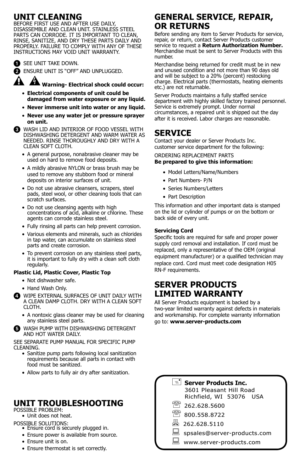 General service, repair, or returns, Service, Server products limited warranty | Unit troubleshooting, Unit cleaning | Server FSAF (85070) User Manual | Page 4 / 4