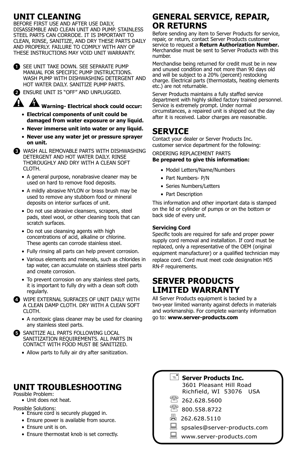 General service, repair, or returns, Service, Server products limited warranty | Unit cleaning, Unit troubleshooting | Server BSW-SS (86550/86941) User Manual | Page 4 / 4