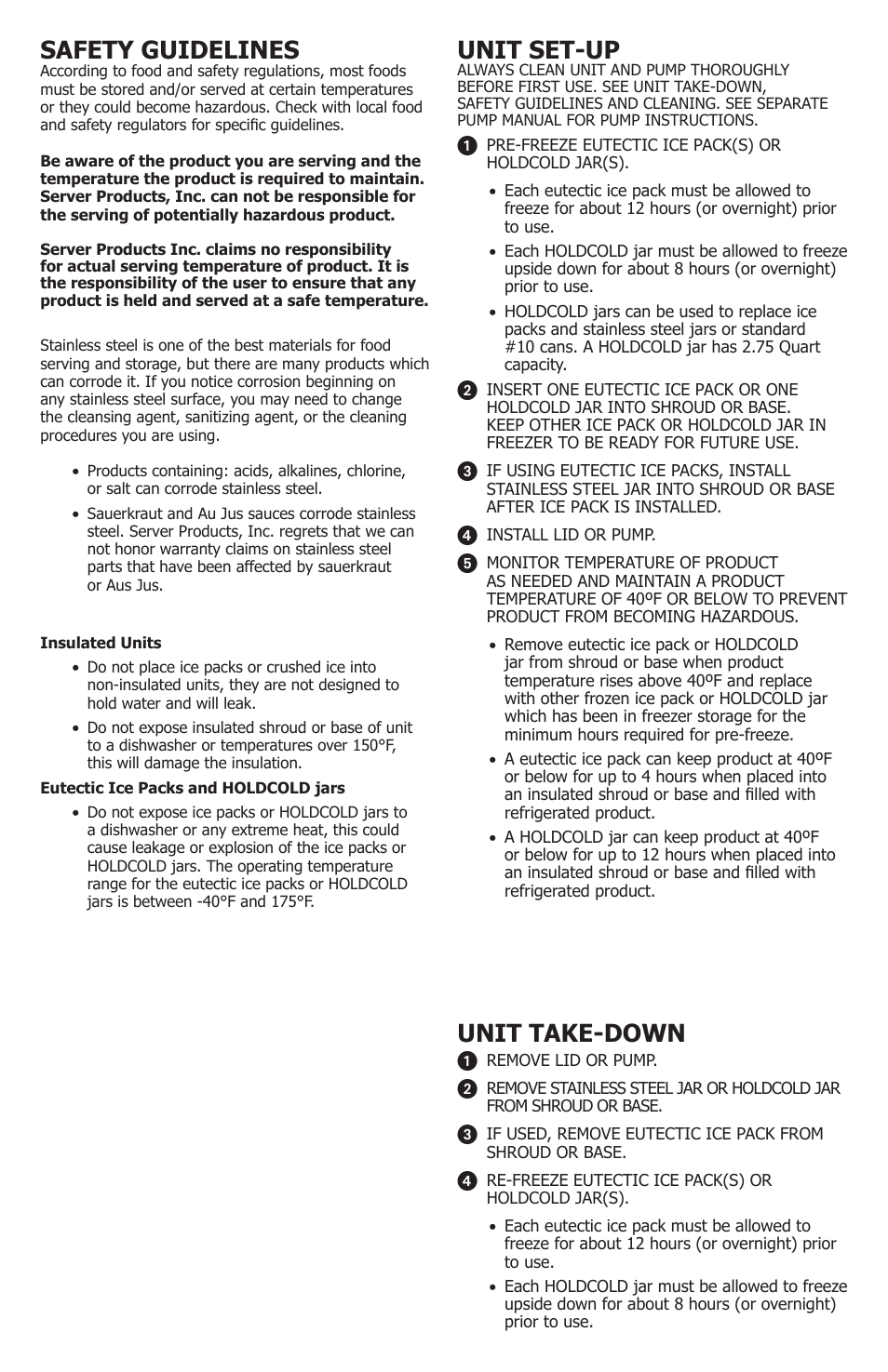 Unit set-up, Unit take-down, Safety guidelines | Server ECH (94090) User Manual | Page 2 / 4