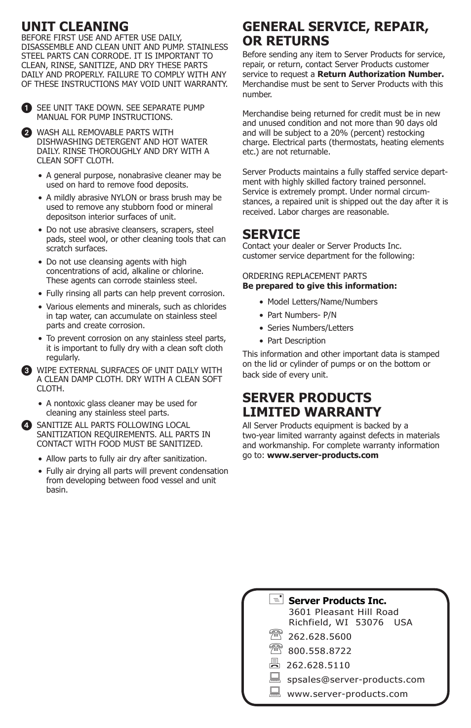 General service, repair, or returns, Service, Server products limited warranty | Unit cleaning | Server ECH (94090) User Manual | Page 4 / 4