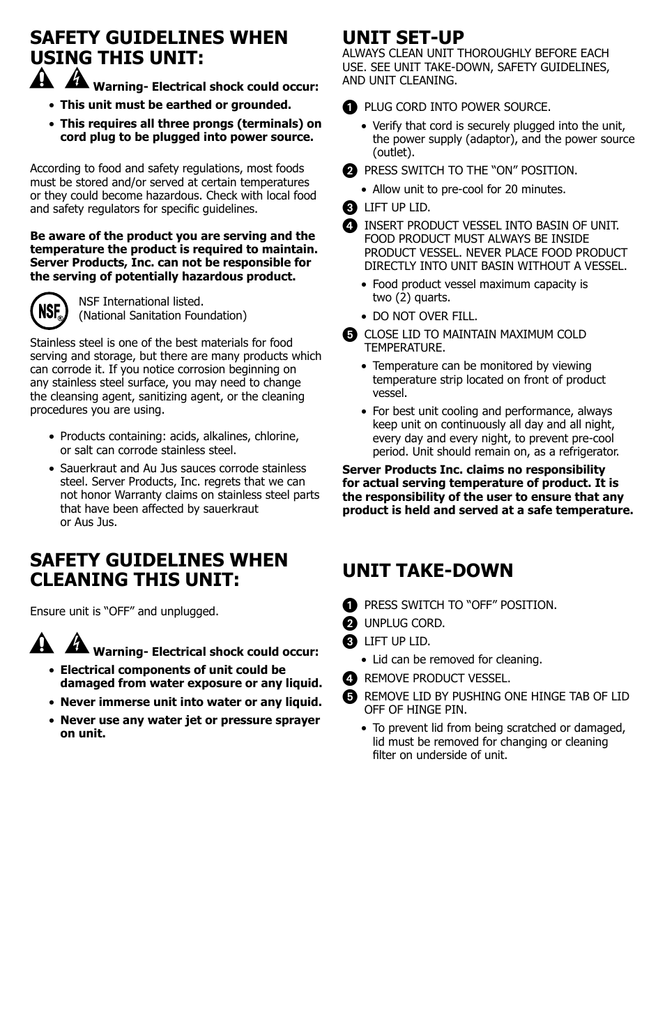 Safety guidelines when using this unit, Safety guidelines when cleaning this unit, Unit set-up | Unit take-down | Server ECC (86063/86527) User Manual | Page 2 / 4