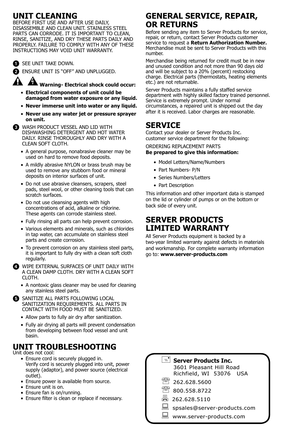 General service, repair, or returns, Service, Server products limited warranty | Unit cleaning, Unit troubleshooting | Server ECC (86063/86527) User Manual | Page 4 / 4