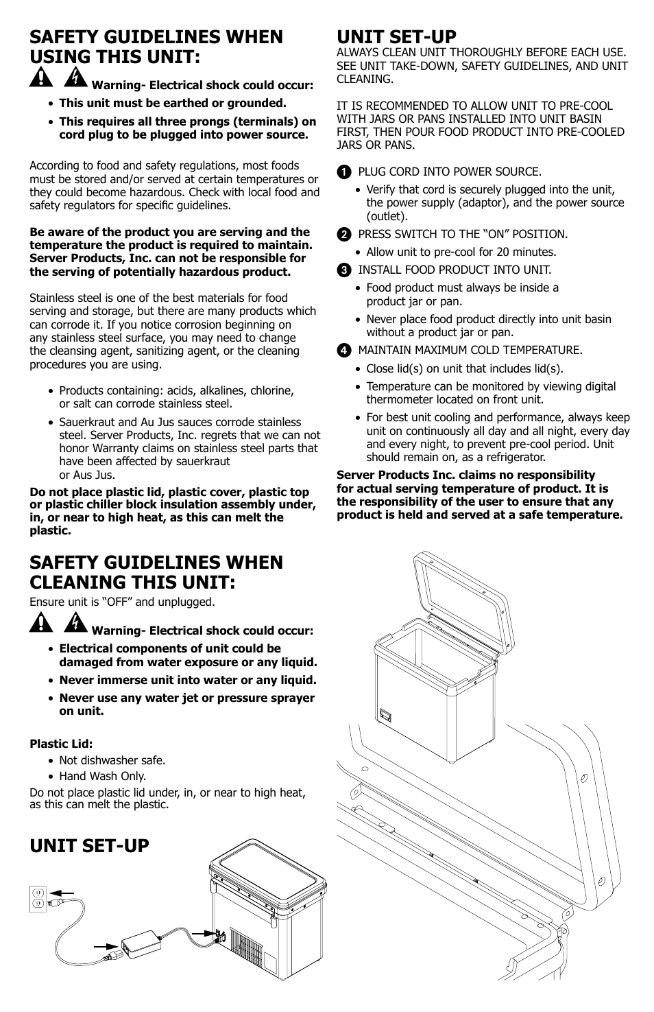 Unit set-up safety guidelines when using this unit, Safety guidelines when cleaning this unit, Unit set-up | Server CC 1/3 (86140) User Manual | Page 2 / 4