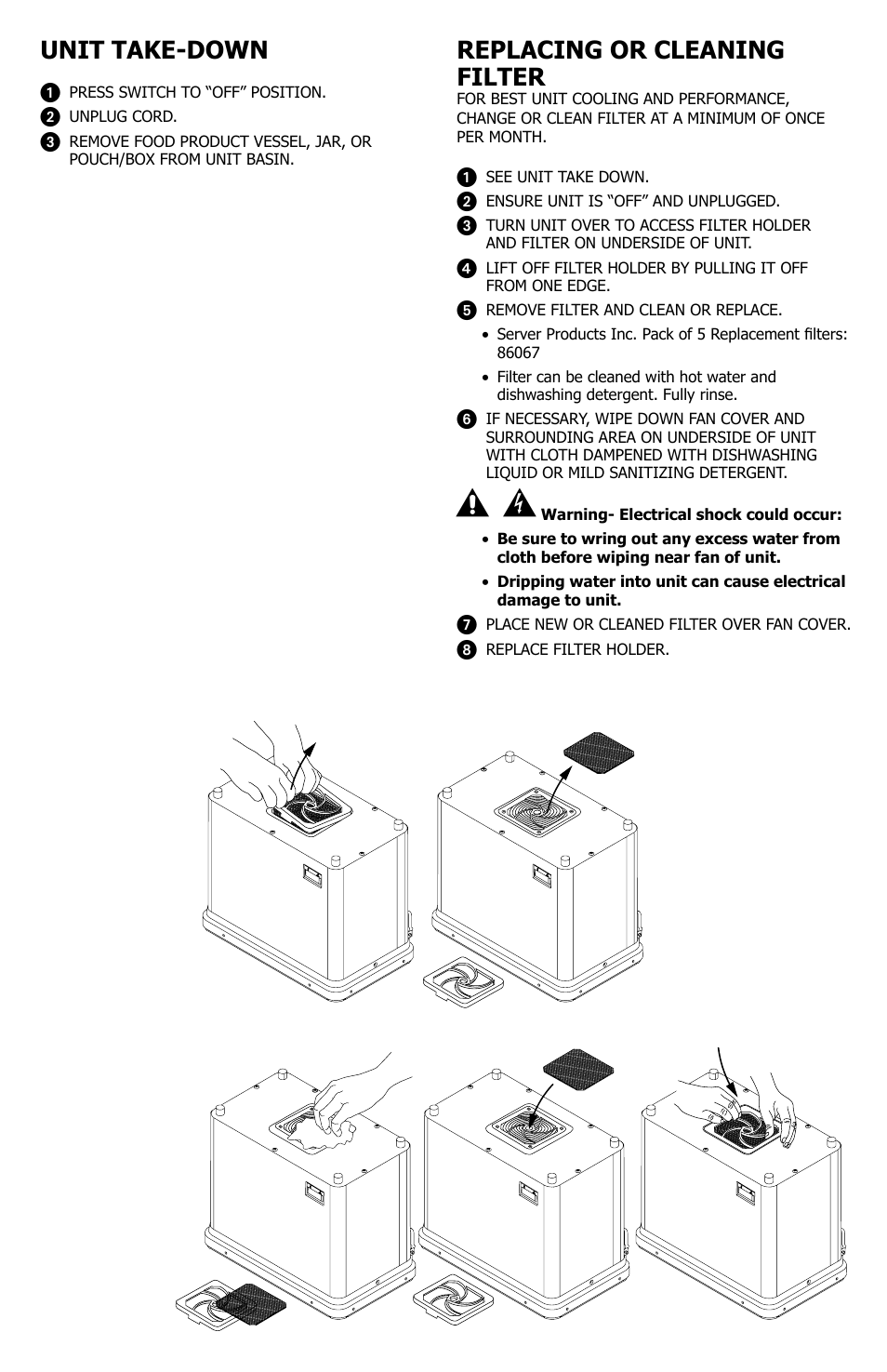 Replacing or cleaning filter, Unit take-down | Server CC 1/3 (86140) User Manual | Page 3 / 4