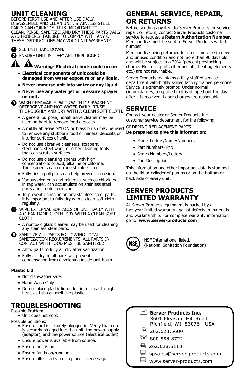 General service, repair, or returns, Service, Server products limited warranty | Unit cleaning, Troubleshooting | Server CC 1/3 (86140) User Manual | Page 4 / 4