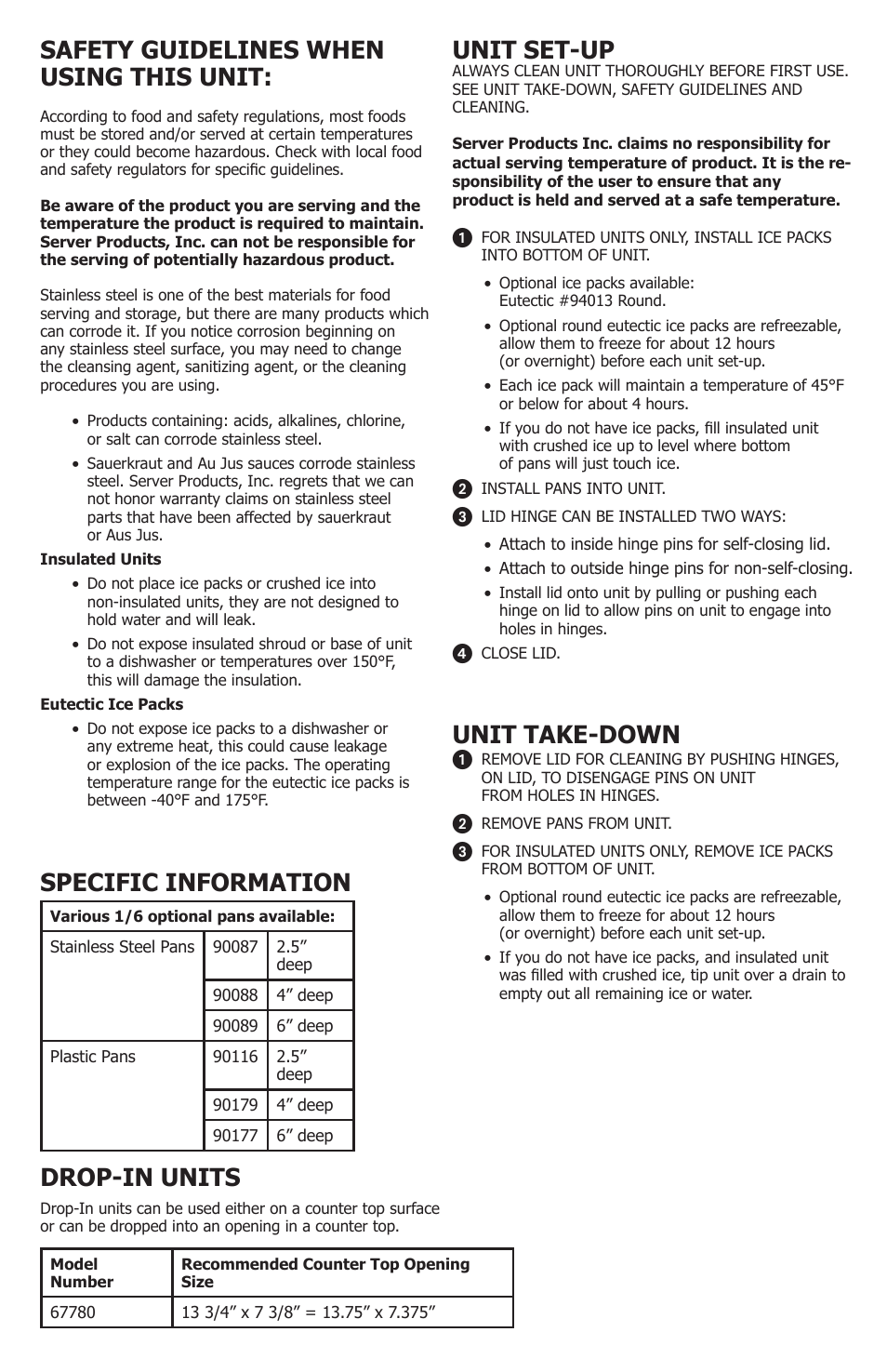 Unit set-up, Unit take-down, Safety guidelines when using this unit | Specific information, Drop-in units | Server IRS-2DI (67780) User Manual | Page 2 / 4