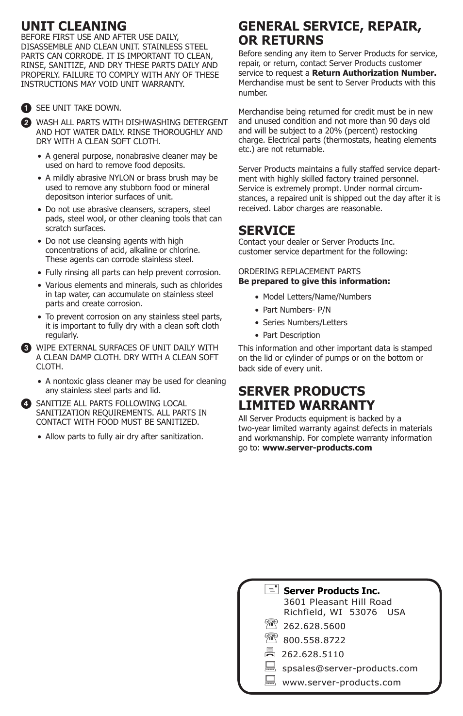 General service, repair, or returns, Service, Server products limited warranty | Unit cleaning | Server IRS-2DI (67780) User Manual | Page 4 / 4