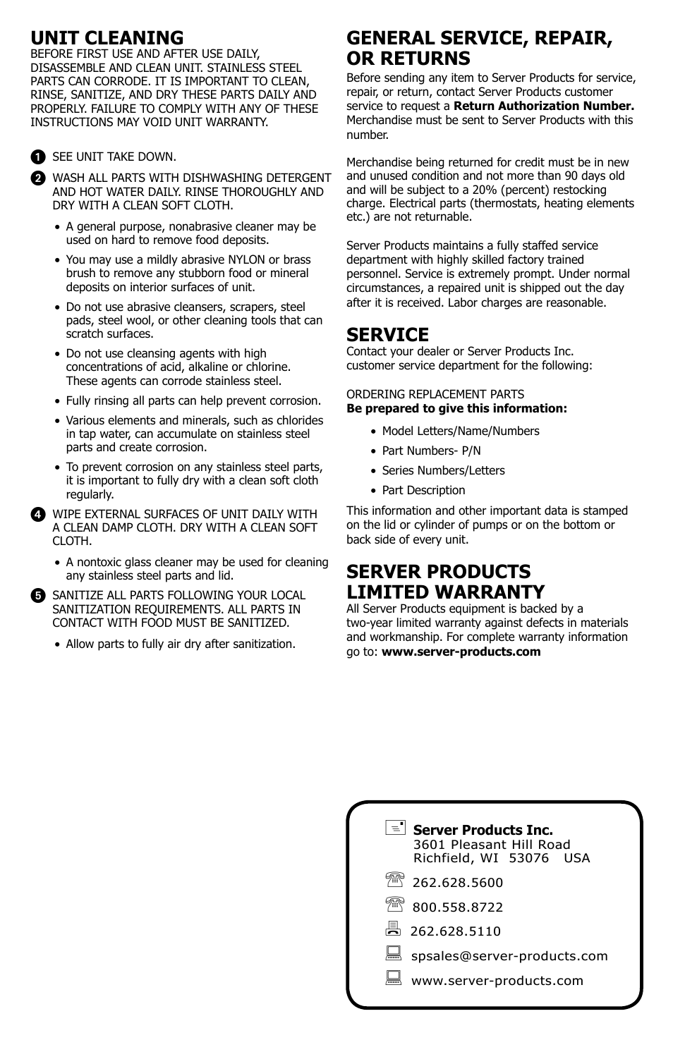 General service, repair, or returns, Service, Server products limited warranty | Unit cleaning | Server IRS-1 (67850) User Manual | Page 4 / 4