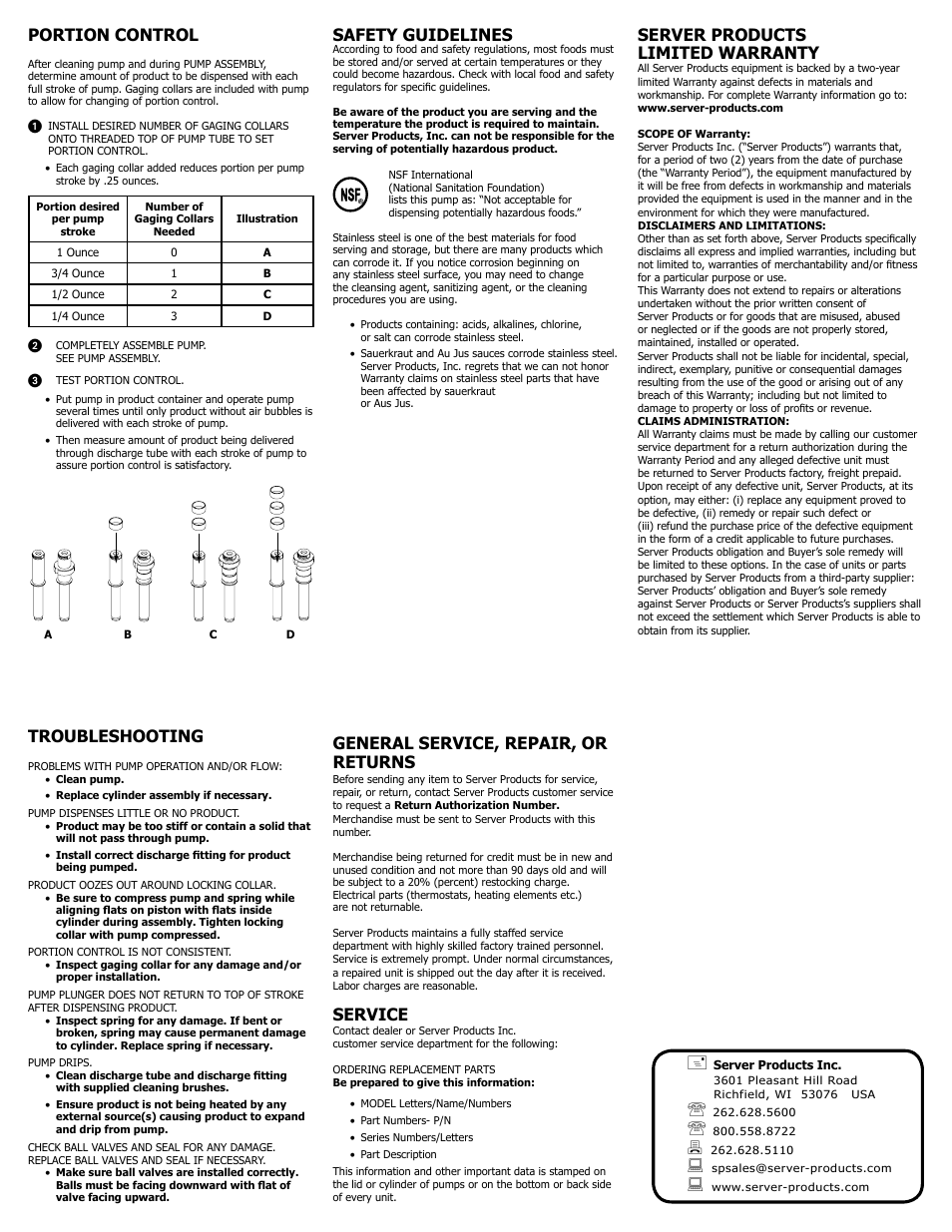Safety guidelines, General service, repair, or returns, Service | Server products limited warranty, Troubleshooting, Portion control | Server SOLUTION PUMPS User Manual | Page 4 / 4