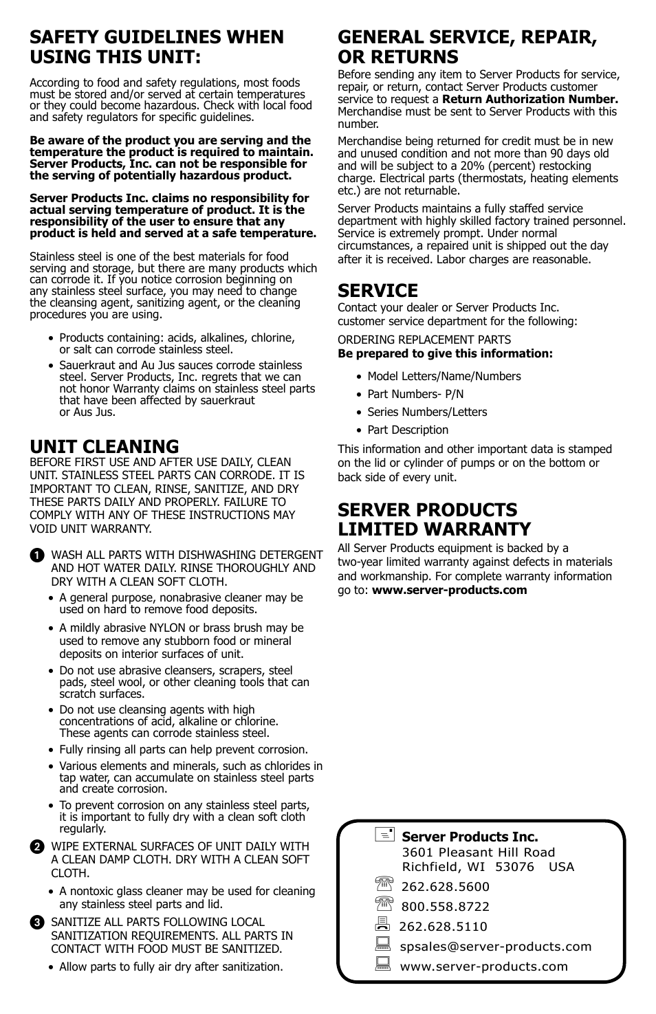 General service, repair, or returns, Service, Server products limited warranty | Unit cleaning, Safety guidelines when using this unit | Server BS-ST (KIT 80105) User Manual | Page 4 / 4