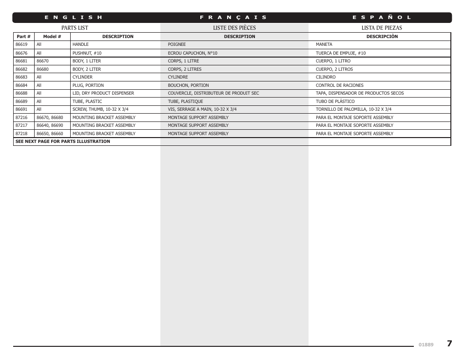 Parts list liste des pièces lista de piezas | Server DPD (86680/86640/86660) User Manual | Page 7 / 8