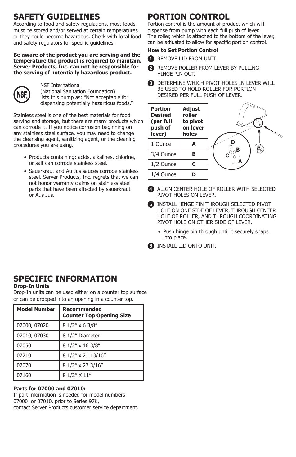Safety guidelines, Specific information, Portion control | Server SE-xxx EXPRESS User Manual | Page 2 / 8