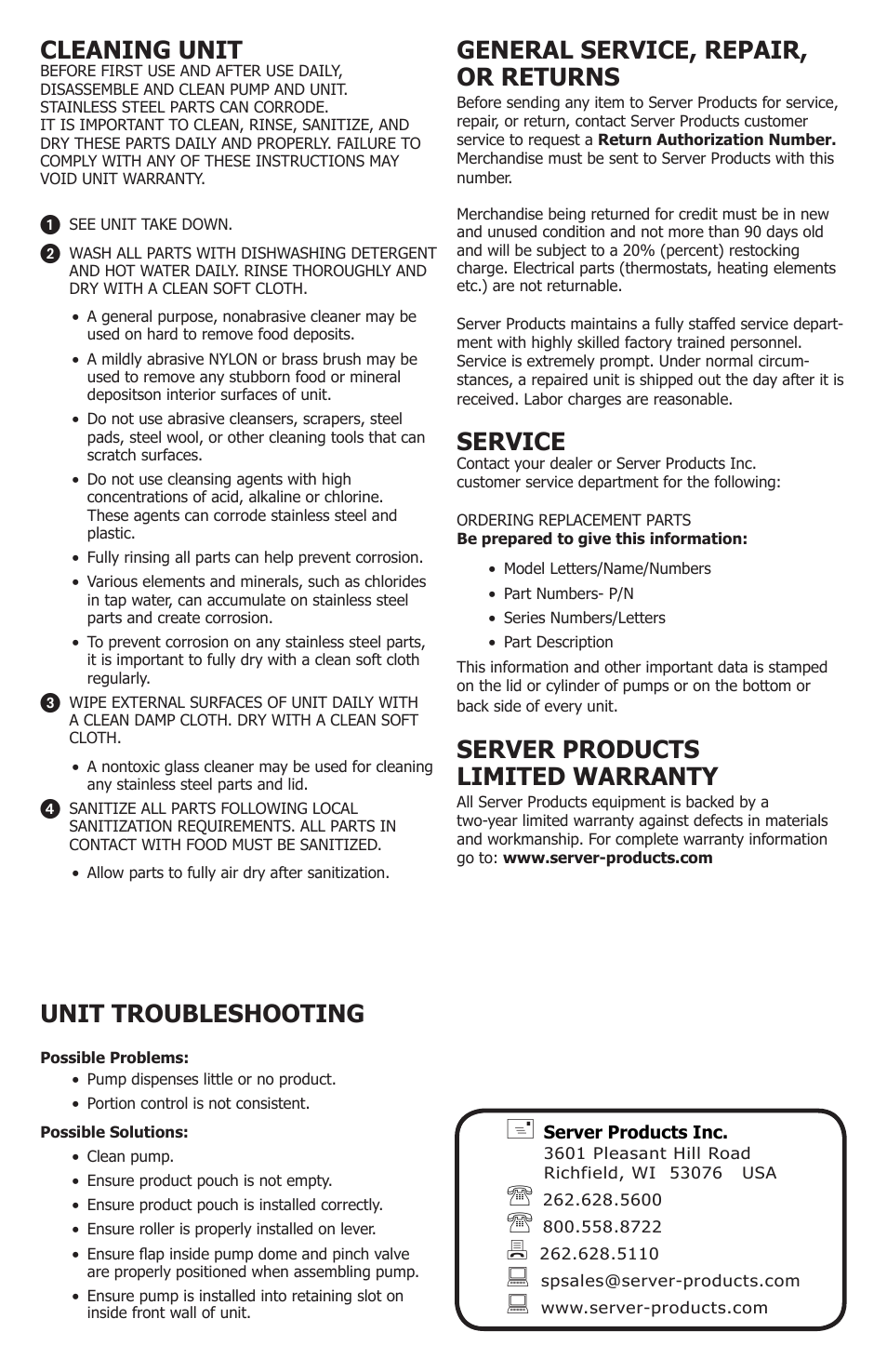 General service, repair, or returns, Service, Server products limited warranty | Unit troubleshooting, Cleaning unit | Server SE-xxx EXPRESS User Manual | Page 8 / 8