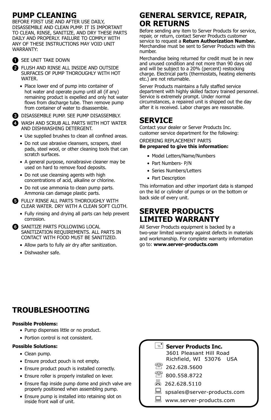 General service, repair, or returns, Service, Server products limited warranty | Troubleshooting, Pump cleaning | Server EXPRESS PUMPS User Manual | Page 4 / 4