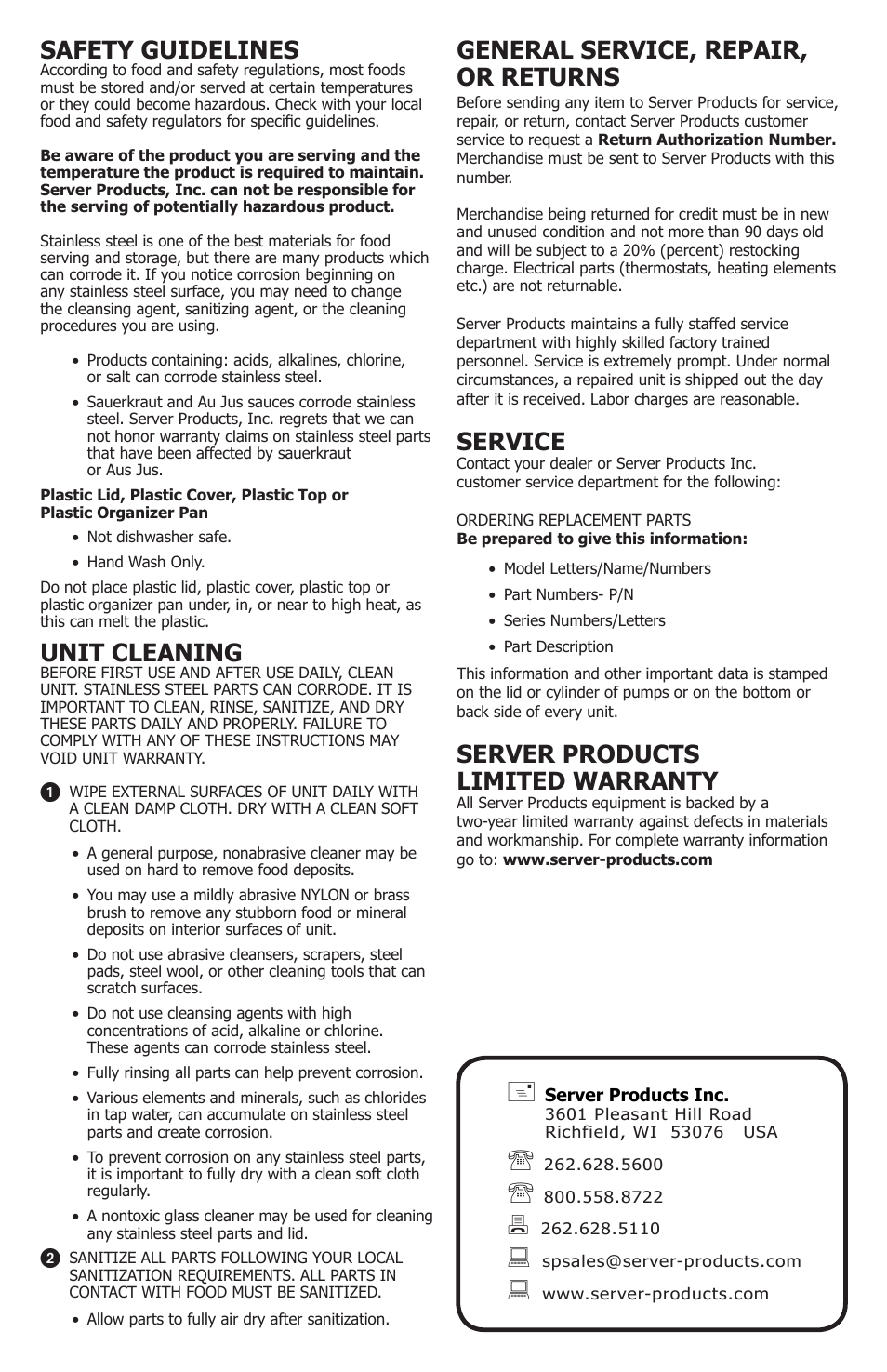General service, repair, or returns, Service, Server products limited warranty | Safety guidelines, Unit cleaning | Server CO-7 (85130) User Manual | Page 4 / 4