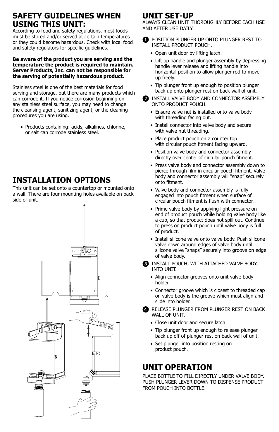 Safety guidelines when using this unit, Installation options, Unit set-up | Unit operation | Server FSF (87690) User Manual | Page 2 / 4