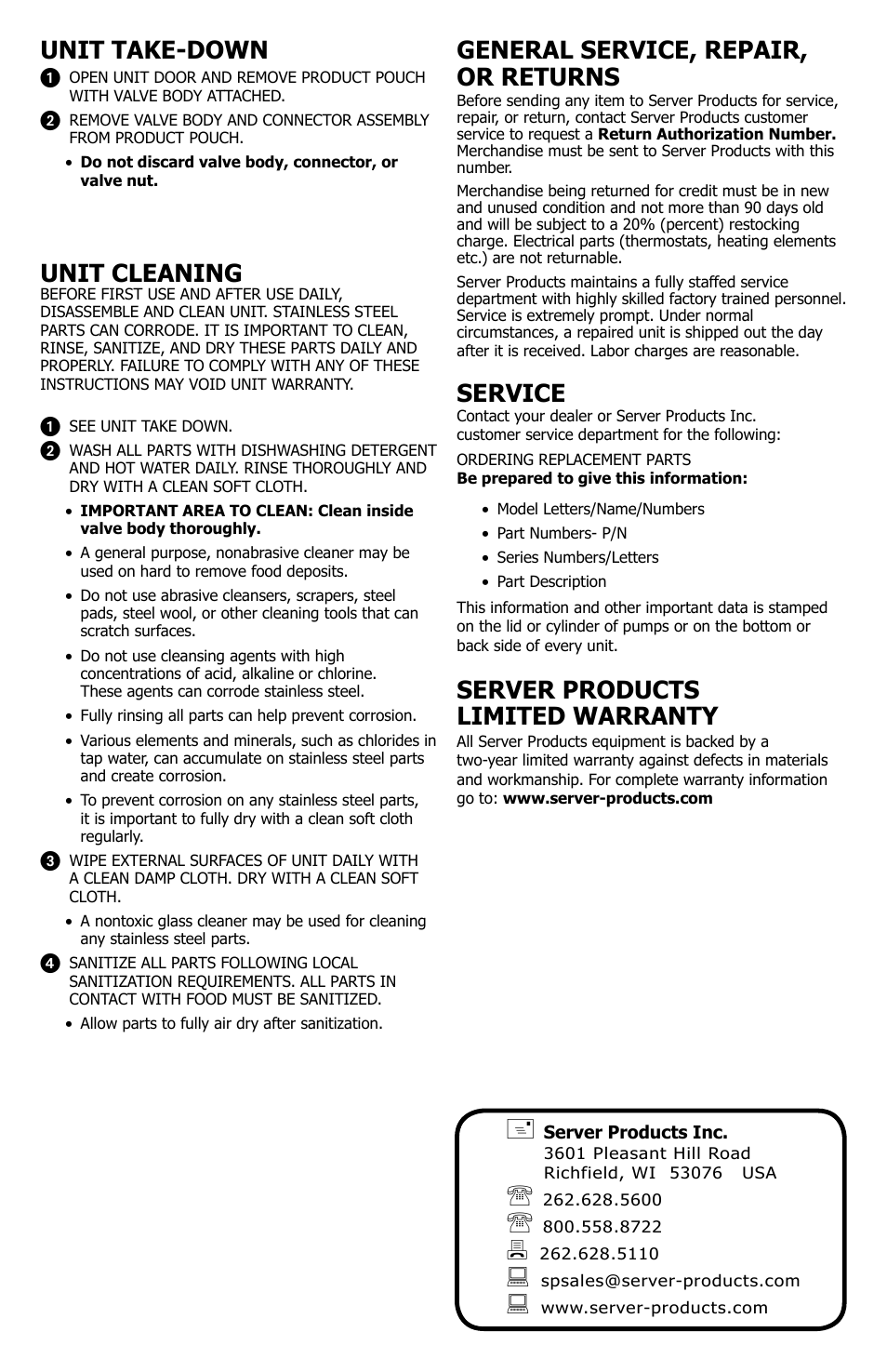 General service, repair, or returns, Service, Server products limited warranty | Unit take-down, Unit cleaning | Server FSF (87690) User Manual | Page 4 / 4