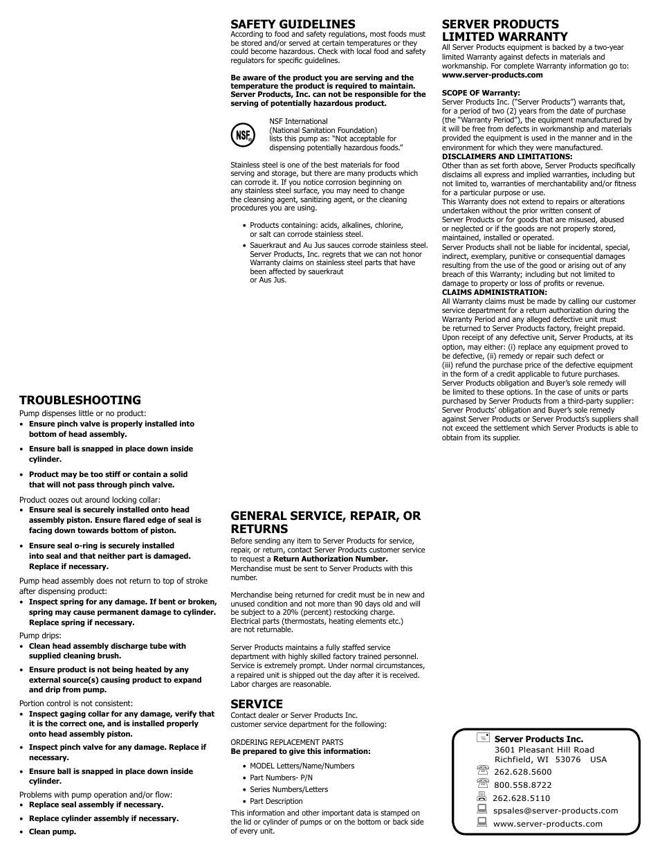 Safety guidelines, General service, repair, or returns, Service | Server products limited warranty, Troubleshooting | Server PUMPS (88521/88200) User Manual | Page 4 / 4