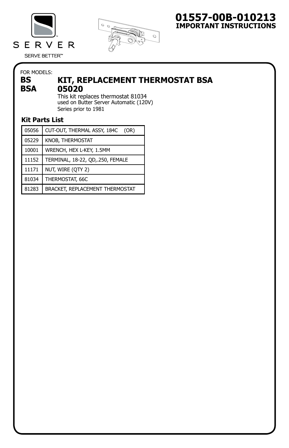 Server BS/BSA (05020) THERMOSTAT User Manual | 4 pages