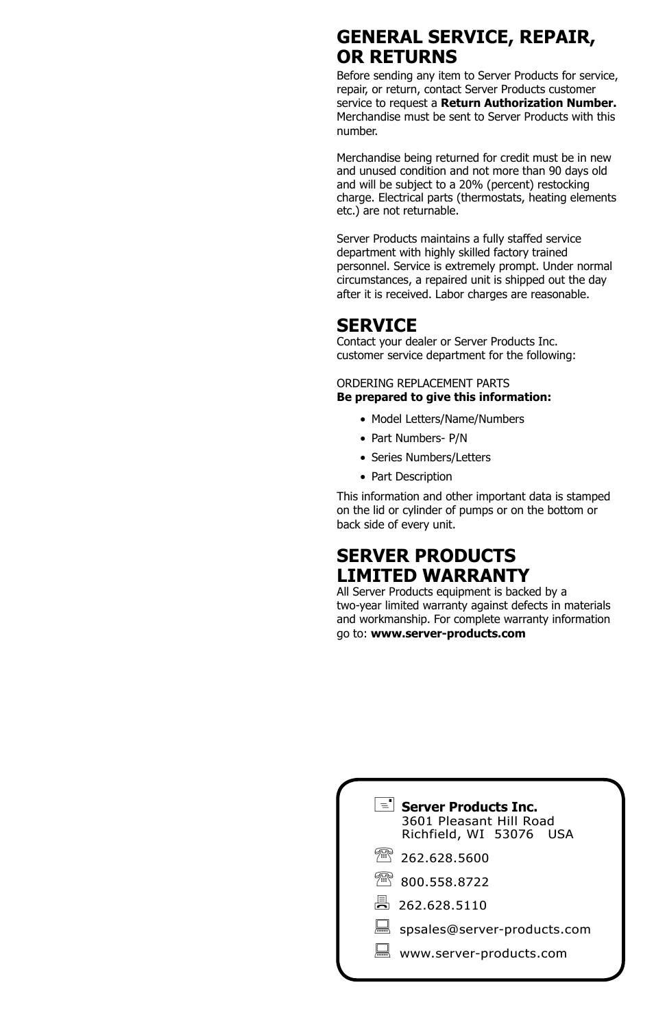 General service, repair, or returns, Service, Server products limited warranty | Server BS/BSA (05020) THERMOSTAT User Manual | Page 4 / 4