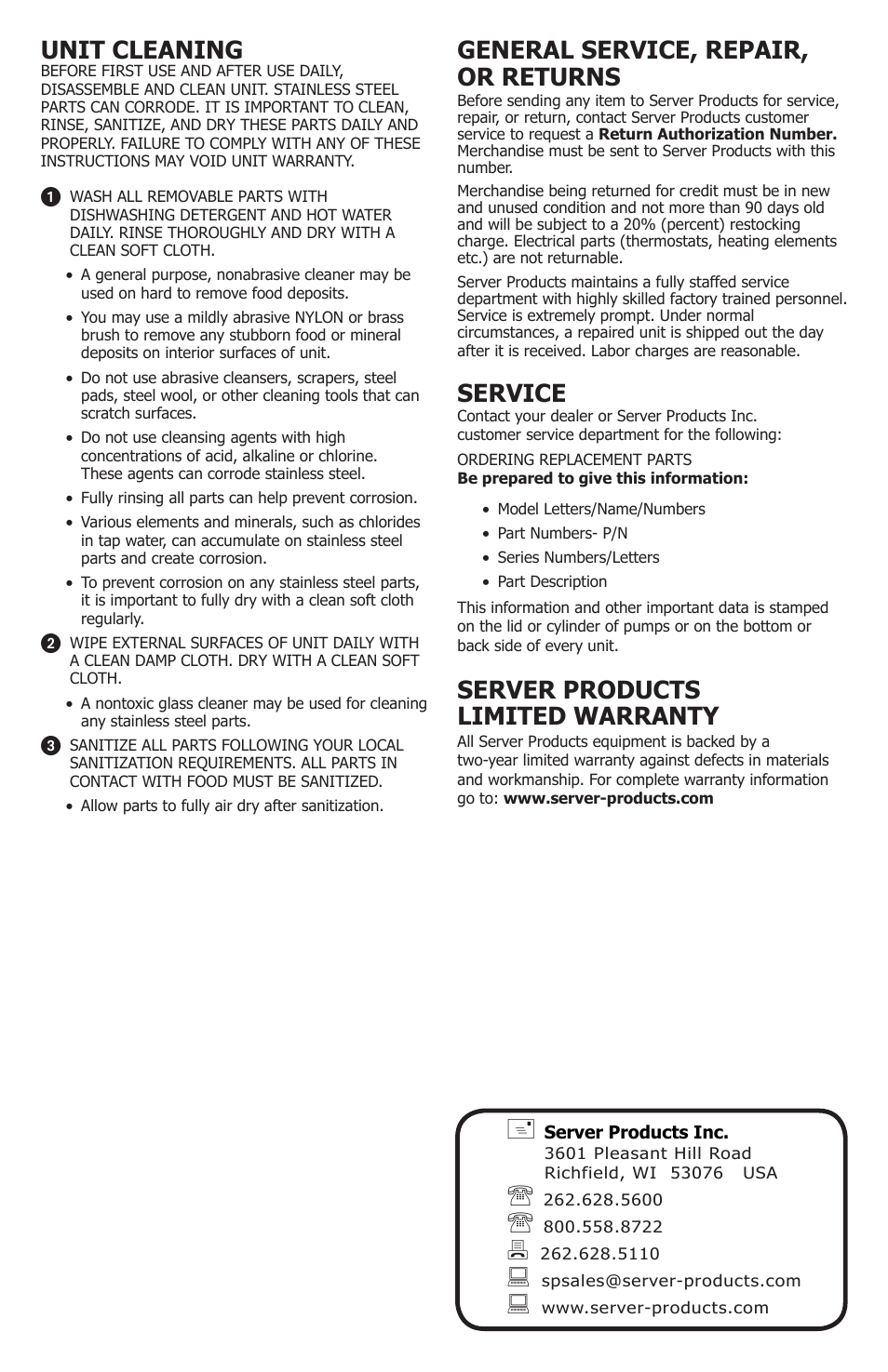 General service, repair, or returns, Service, Server products limited warranty | Unit cleaning | Server DPDS (86666) User Manual | Page 4 / 4