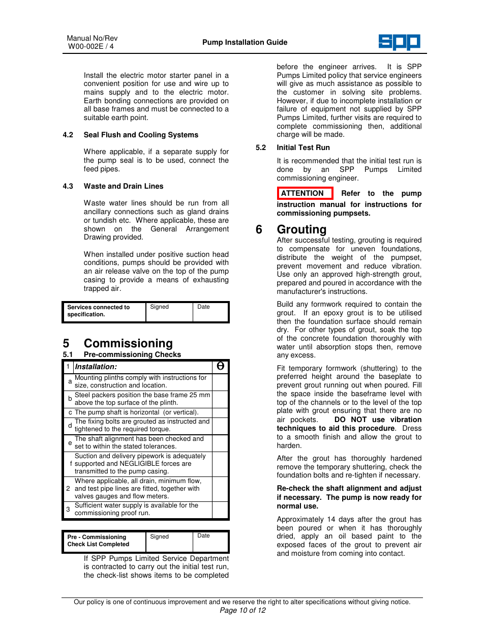 5 commissioning, 6 grouting | SPP Pumps Split Case Pumps User Manual | Page 10 / 11