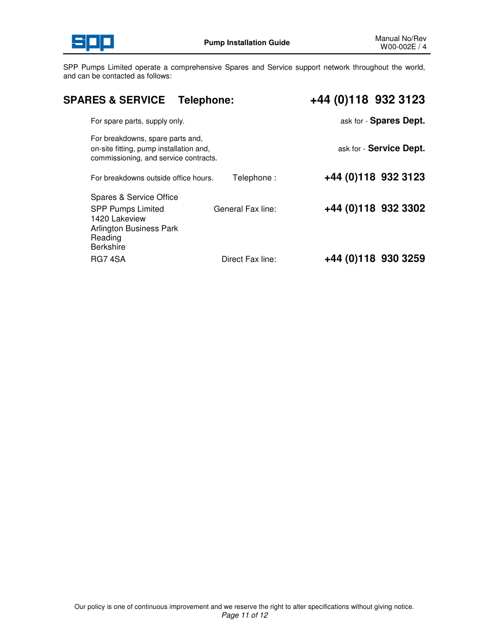 Spares & service telephone | SPP Pumps Split Case Pumps User Manual | Page 11 / 11