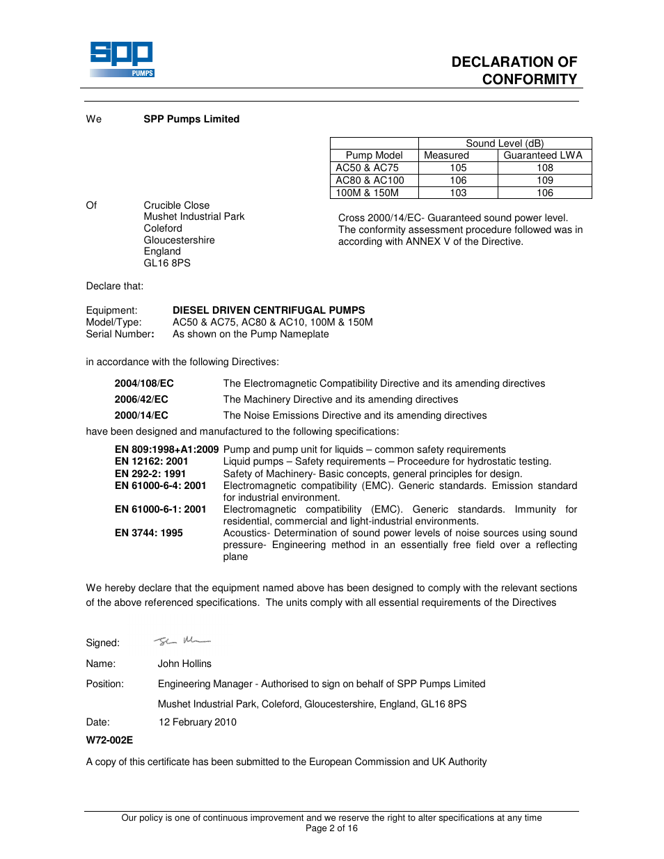 Declaration of conformity | SPP Pumps Auto Prime Medium Head Open Set - AC & AL Range User Manual | Page 2 / 16