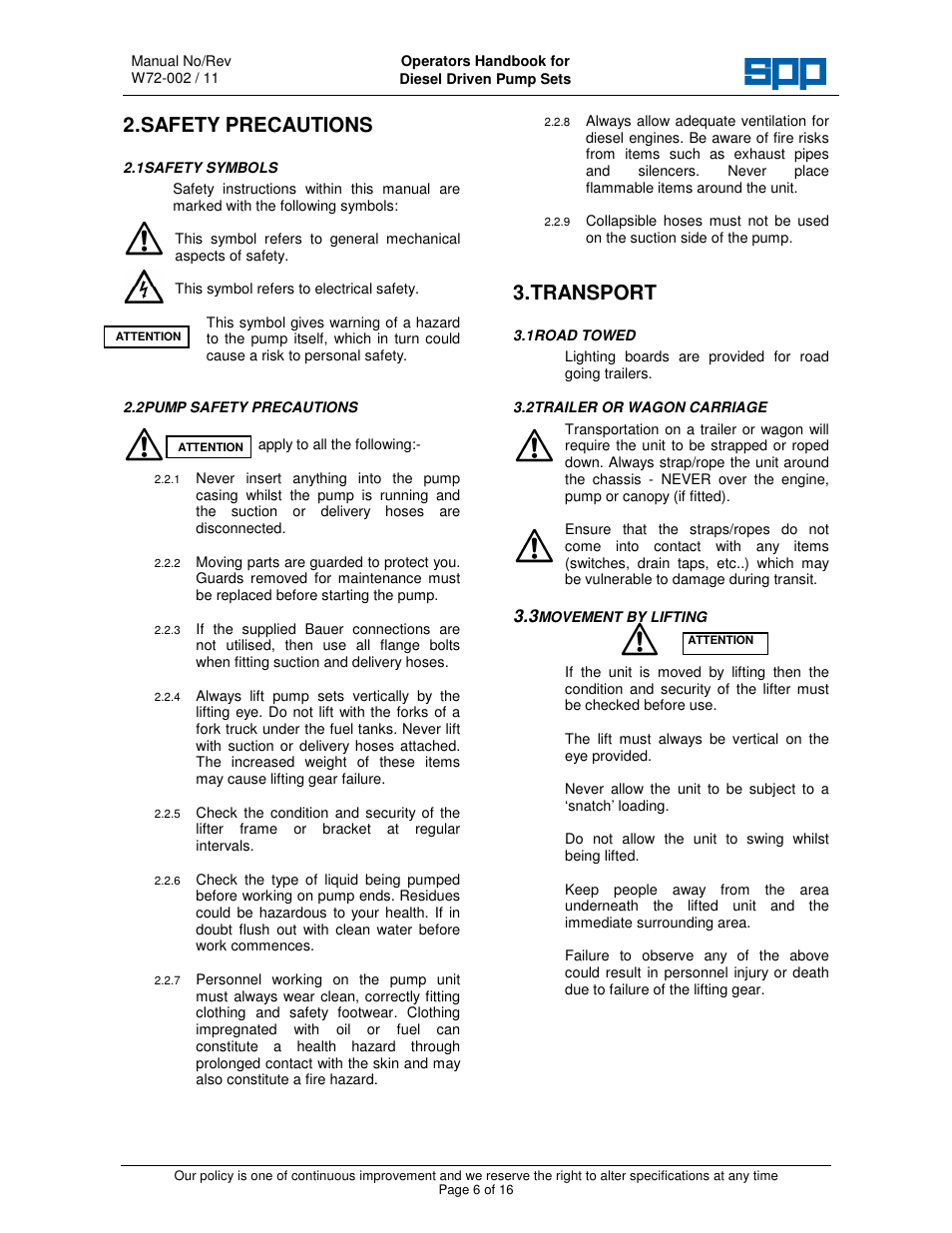 Safety precautions, Transport | SPP Pumps Auto Prime Medium Head Open Set - AC & AL Range User Manual | Page 6 / 16