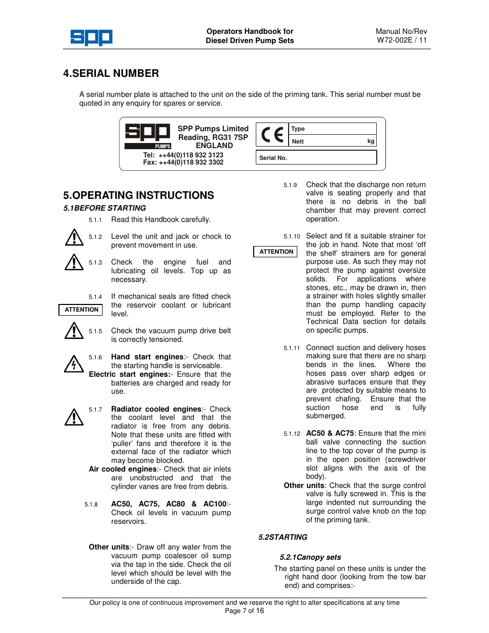 Serial number, Operating instructions | SPP Pumps Auto Prime Medium Head Open Set - AC & AL Range User Manual | Page 7 / 16