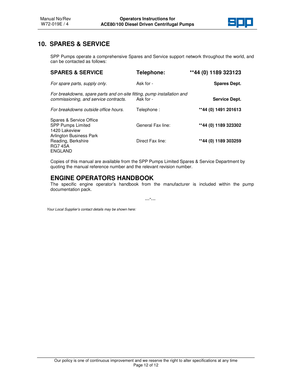 Spares & service, Engine operators handbook | SPP Pumps Auto Prime Medium Head Open Set - ACE Range User Manual | Page 12 / 12