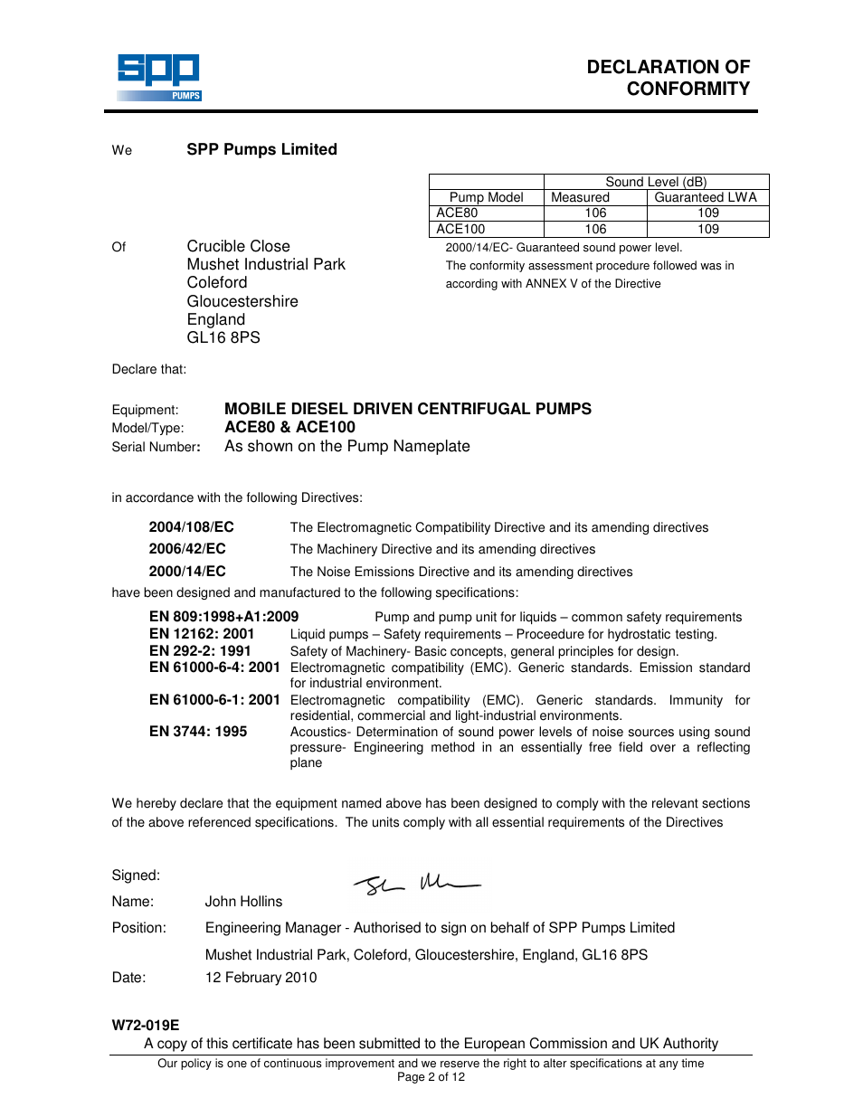 Declaration of conformity | SPP Pumps Auto Prime Medium Head Open Set - ACE Range User Manual | Page 2 / 12