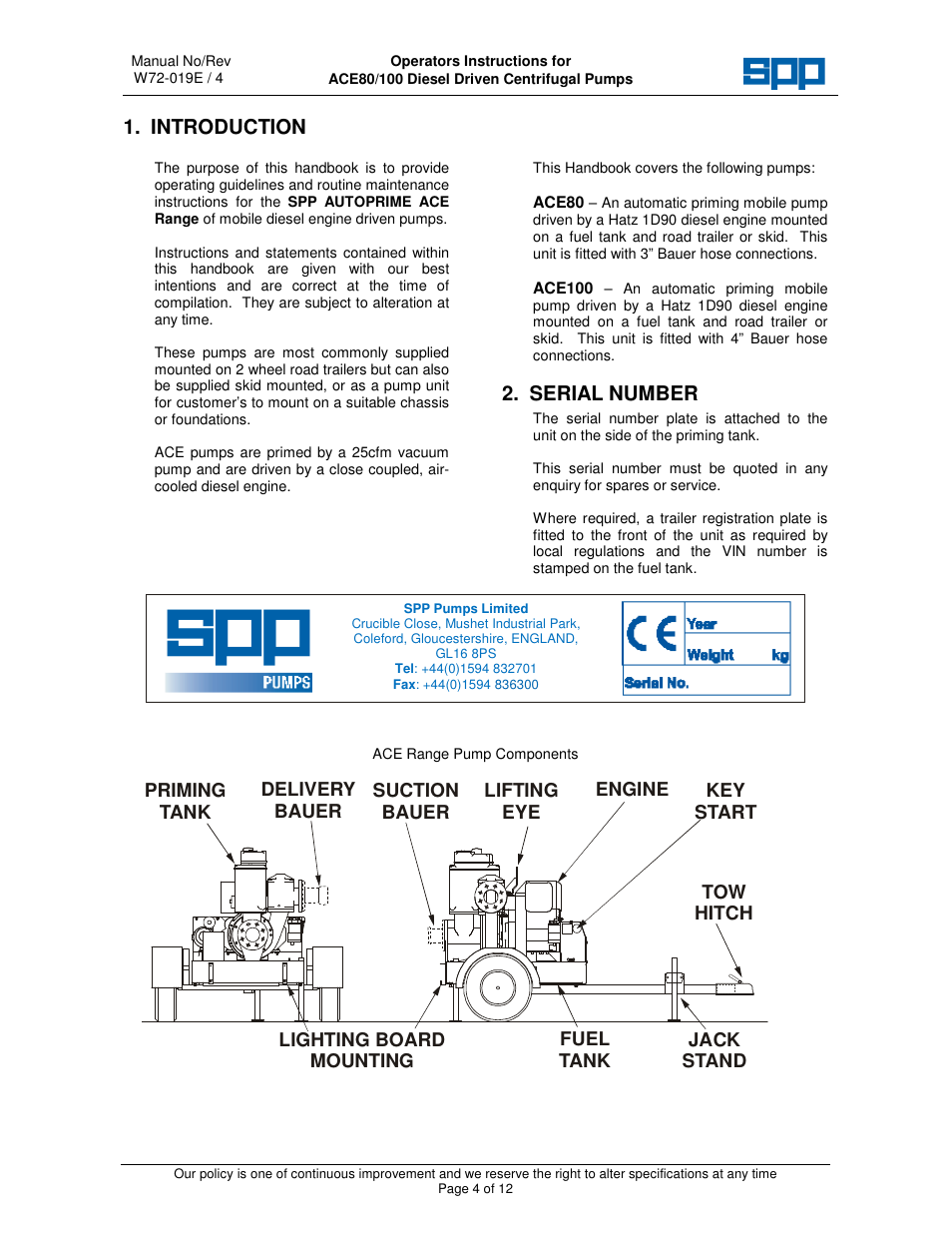Introduction, Serial number | SPP Pumps Auto Prime Medium Head Open Set - ACE Range User Manual | Page 4 / 12