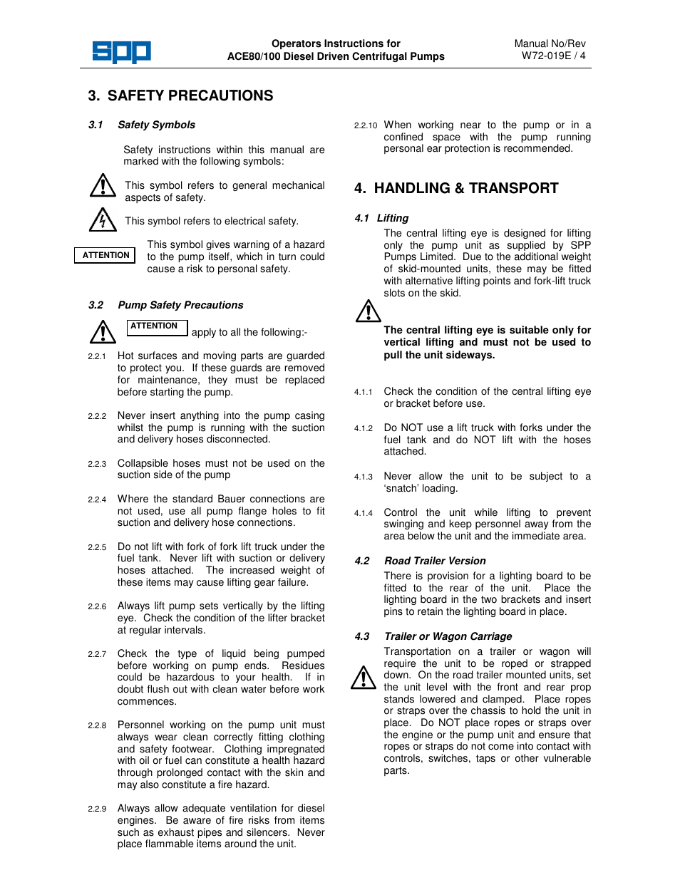 Safety precautions, Handling & transport | SPP Pumps Auto Prime Medium Head Open Set - ACE Range User Manual | Page 5 / 12