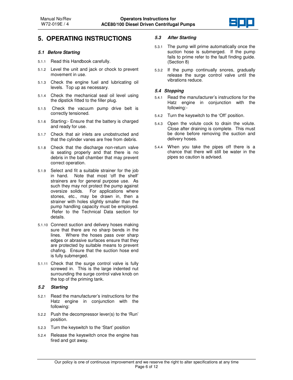Operating instructions | SPP Pumps Auto Prime Medium Head Open Set - ACE Range User Manual | Page 6 / 12