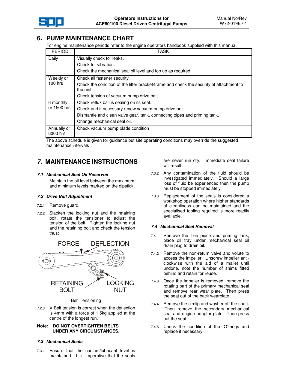 Pump maintenance chart, Maintenance instructions, Force locking nut deflection retaining bolt | SPP Pumps Auto Prime Medium Head Open Set - ACE Range User Manual | Page 7 / 12