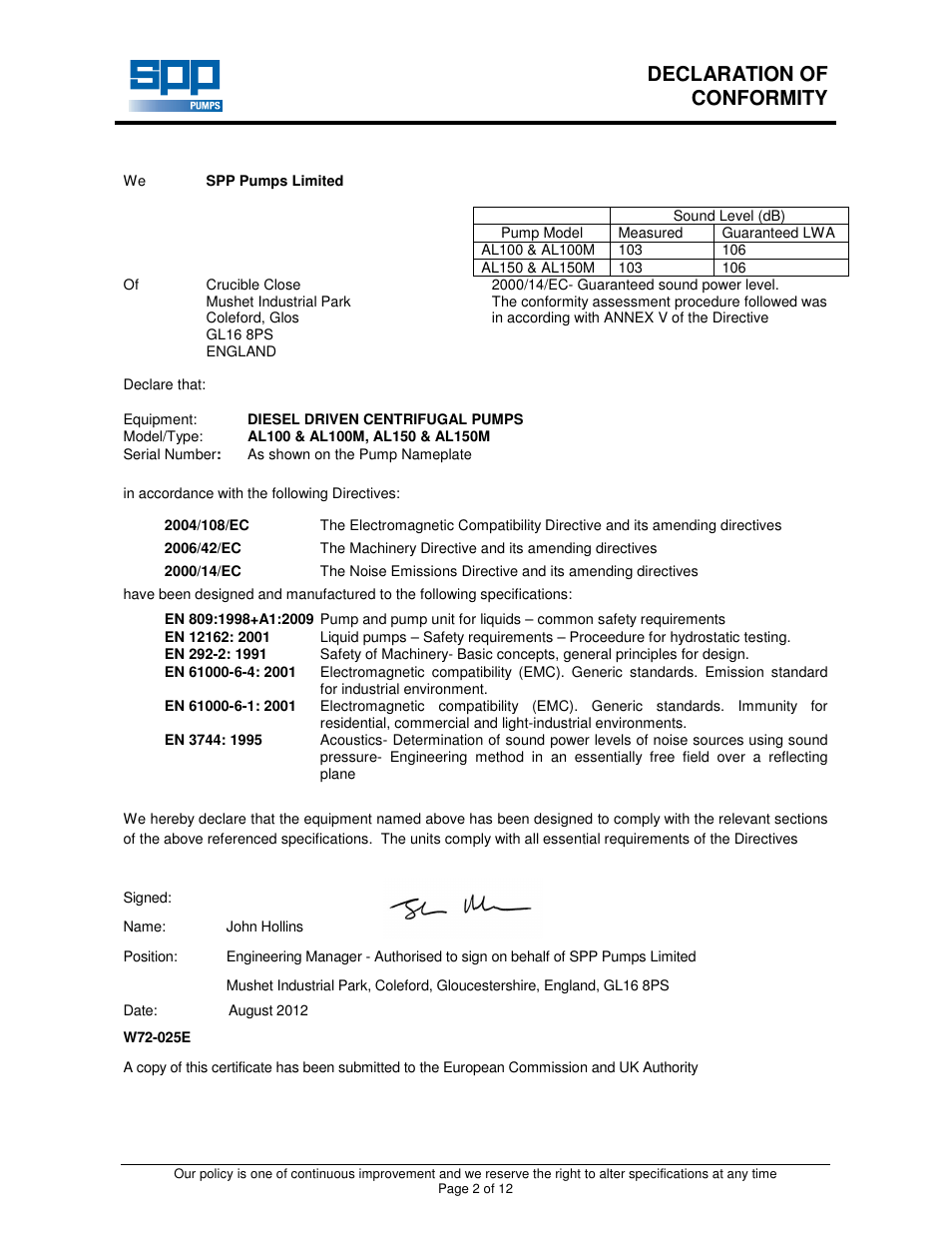 Declaration of conformity | SPP Pumps Auto Prime Medium Head Open Set - AL Range User Manual | Page 2 / 12