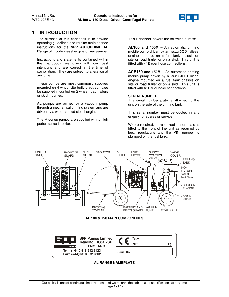 1 introduction | SPP Pumps Auto Prime Medium Head Open Set - AL Range User Manual | Page 4 / 12