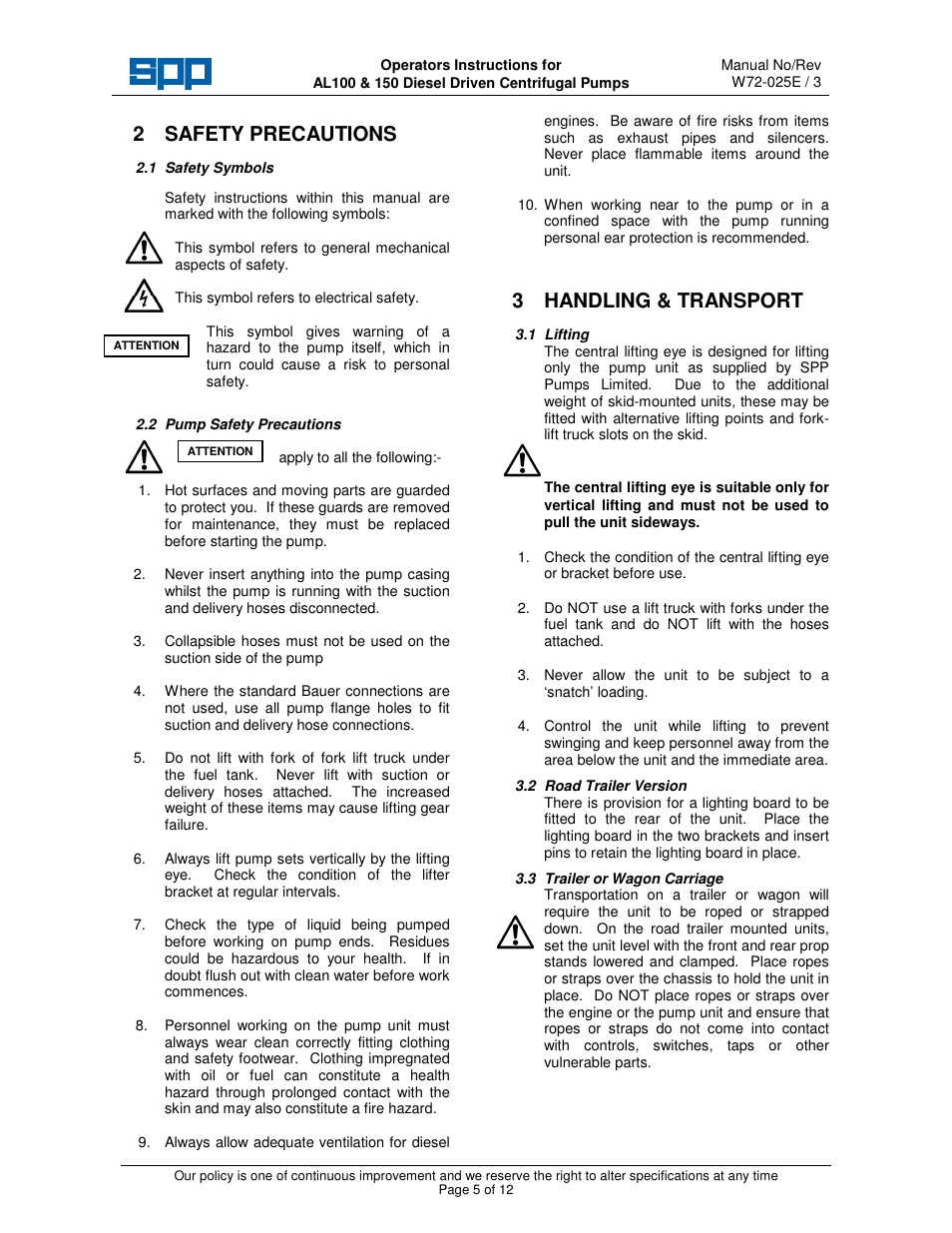 2 safety precautions, 3 handling & transport | SPP Pumps Auto Prime Medium Head Open Set - AL Range User Manual | Page 5 / 12