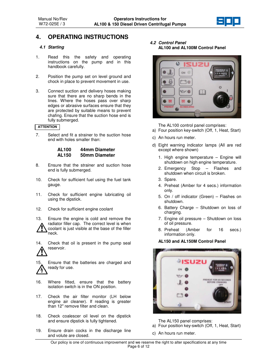 Operating instructions | SPP Pumps Auto Prime Medium Head Open Set - AL Range User Manual | Page 6 / 12