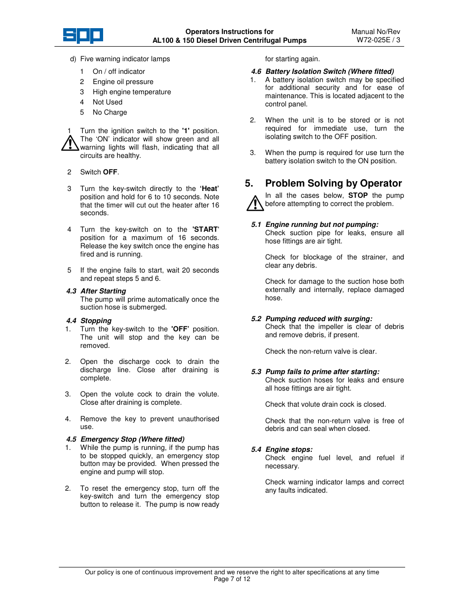 Problem solving by operator | SPP Pumps Auto Prime Medium Head Open Set - AL Range User Manual | Page 7 / 12