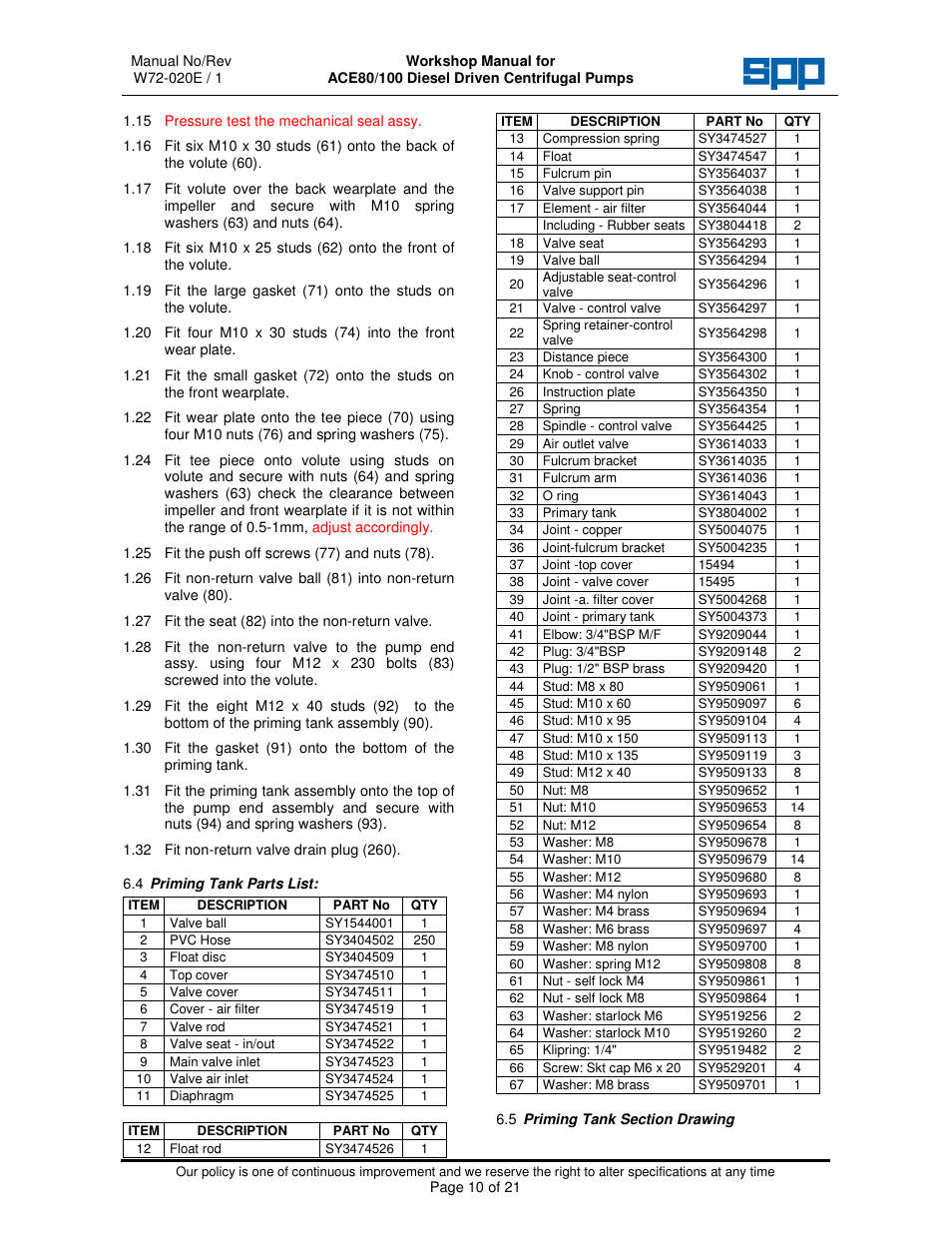 SPP Pumps Auto Prime Medium Head Open Set ACE80-100 Workshop Manual User Manual | Page 10 / 21