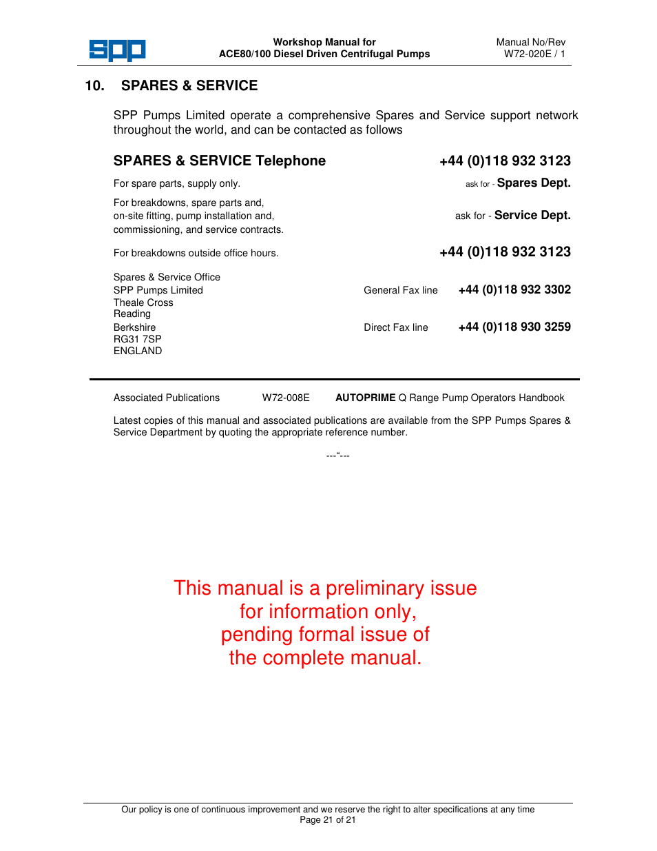 Spares & service | SPP Pumps Auto Prime Medium Head Open Set ACE80-100 Workshop Manual User Manual | Page 21 / 21