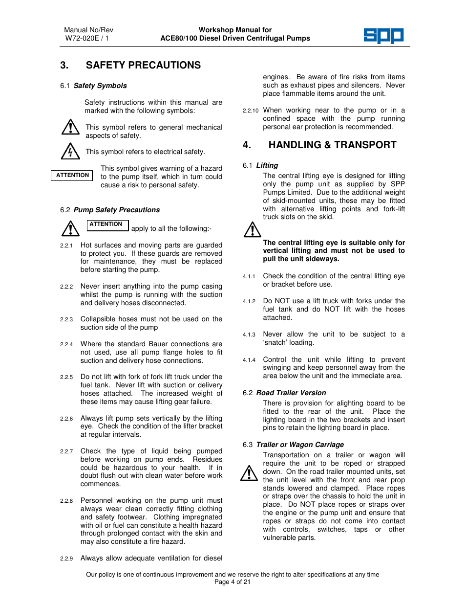 Safety precautions, Handling & transport | SPP Pumps Auto Prime Medium Head Open Set ACE80-100 Workshop Manual User Manual | Page 4 / 21