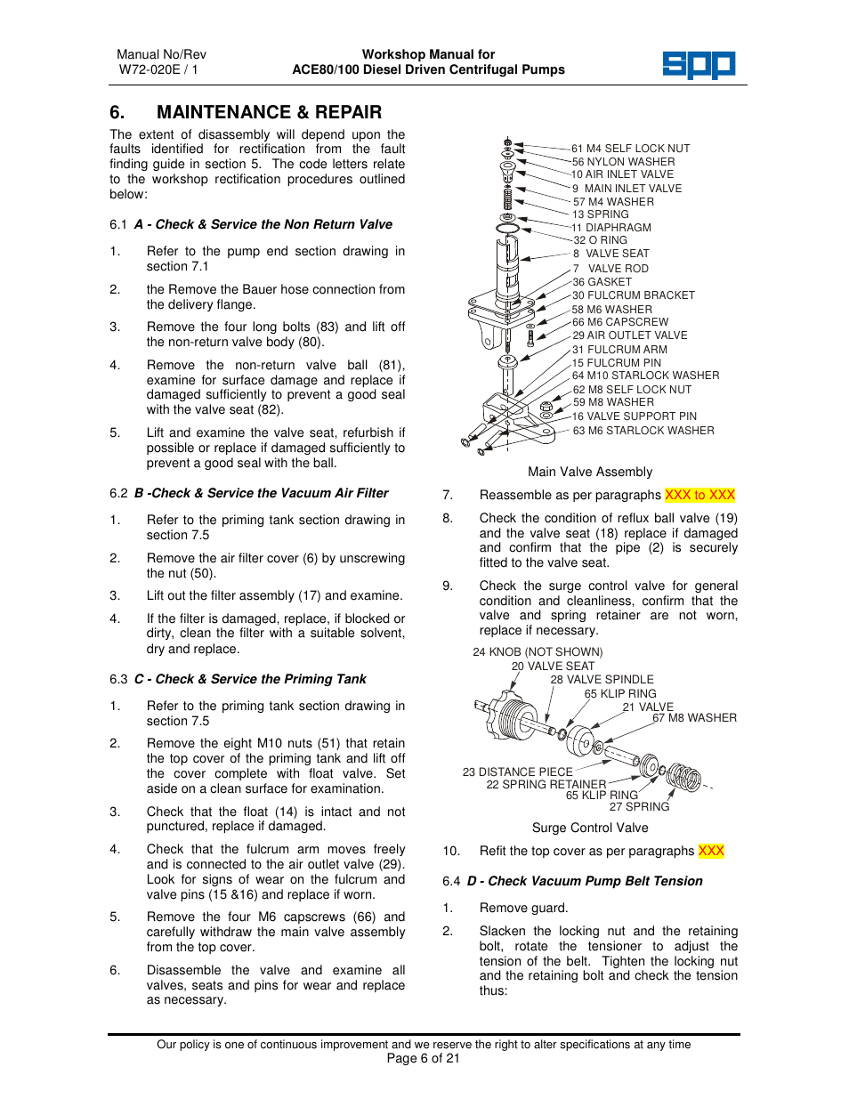 Maintenance & repair | SPP Pumps Auto Prime Medium Head Open Set ACE80-100 Workshop Manual User Manual | Page 6 / 21