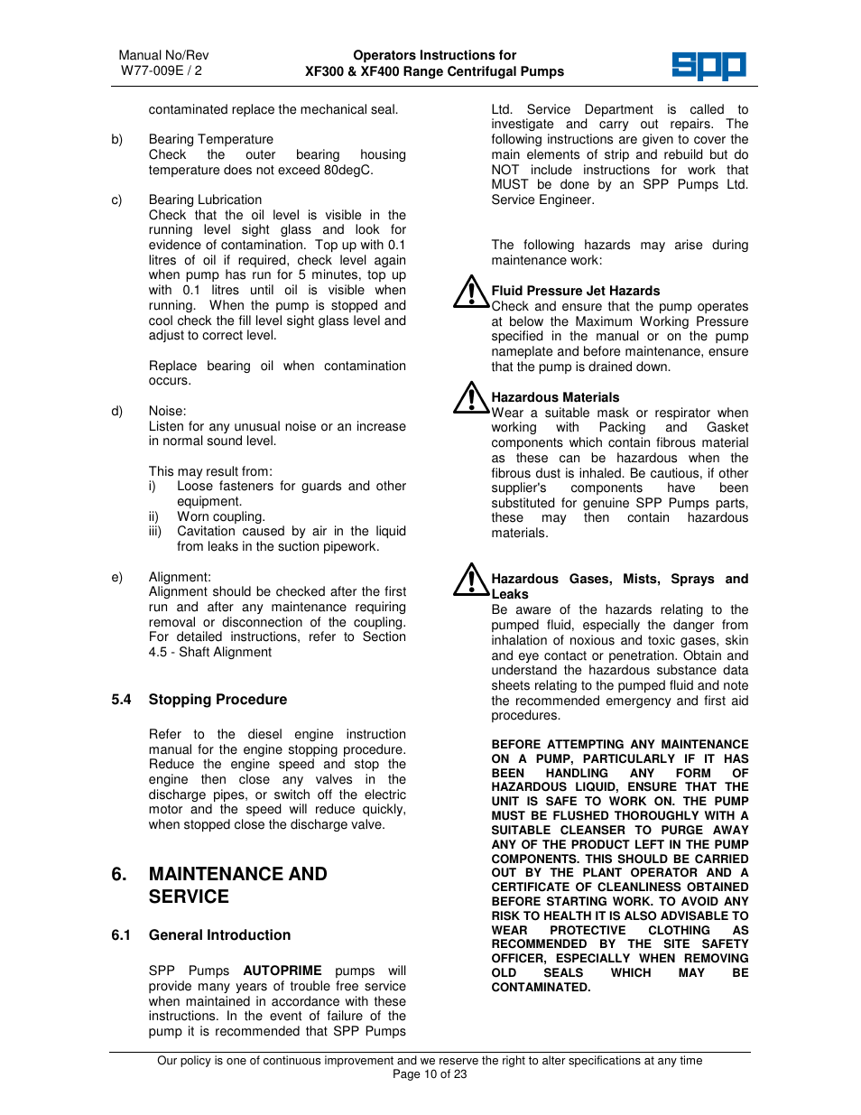 Maintenance and service | SPP Pumps Auto Prime - High Flow Range XF300 & 400 User Manual | Page 10 / 23